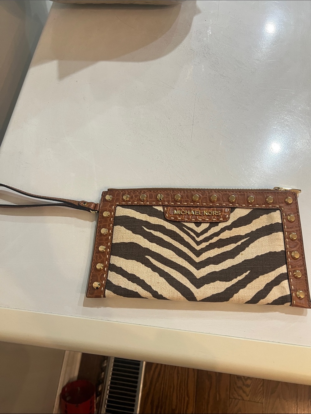Michael Kors Zebra-Print Canvas Wristlet in Brown and Cream with Gold Accents